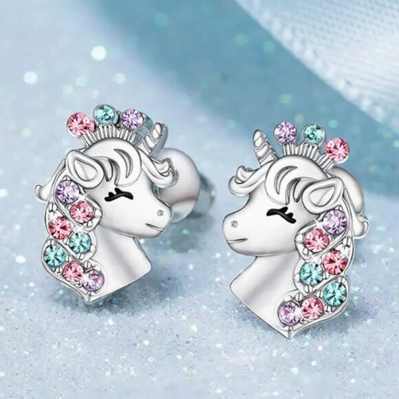 Unicorn silvertoned crystal rhinestone Fashion earrings - Picture 2 of 3